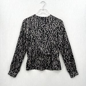 TALULA Peplum Wrap Blouse Womens Medium Gray Black Animal Print Silk Long Sleeve